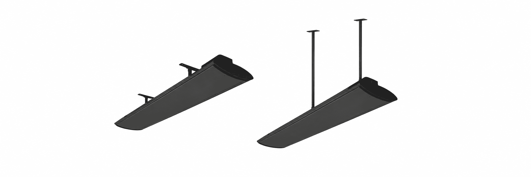 Two black Aura Shadow infrared heaters with direct and suspended ceiling mounts